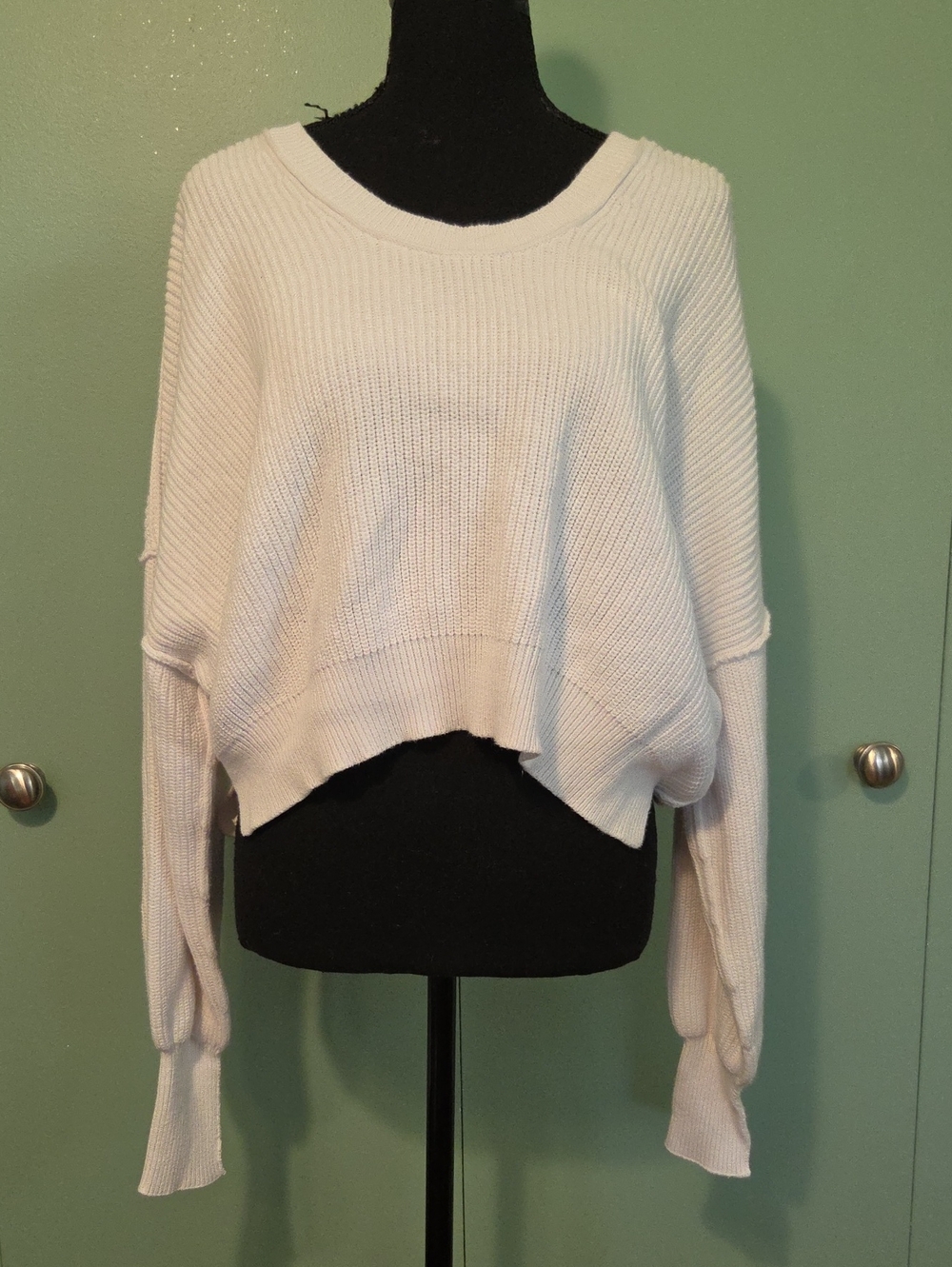 Aerie Cropped White Rib-Knit Women's Sweater Size Small